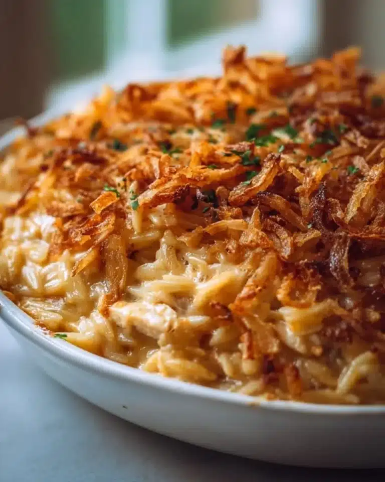 Delicious French Onion Chicken Orzo Casserole in a baking dish