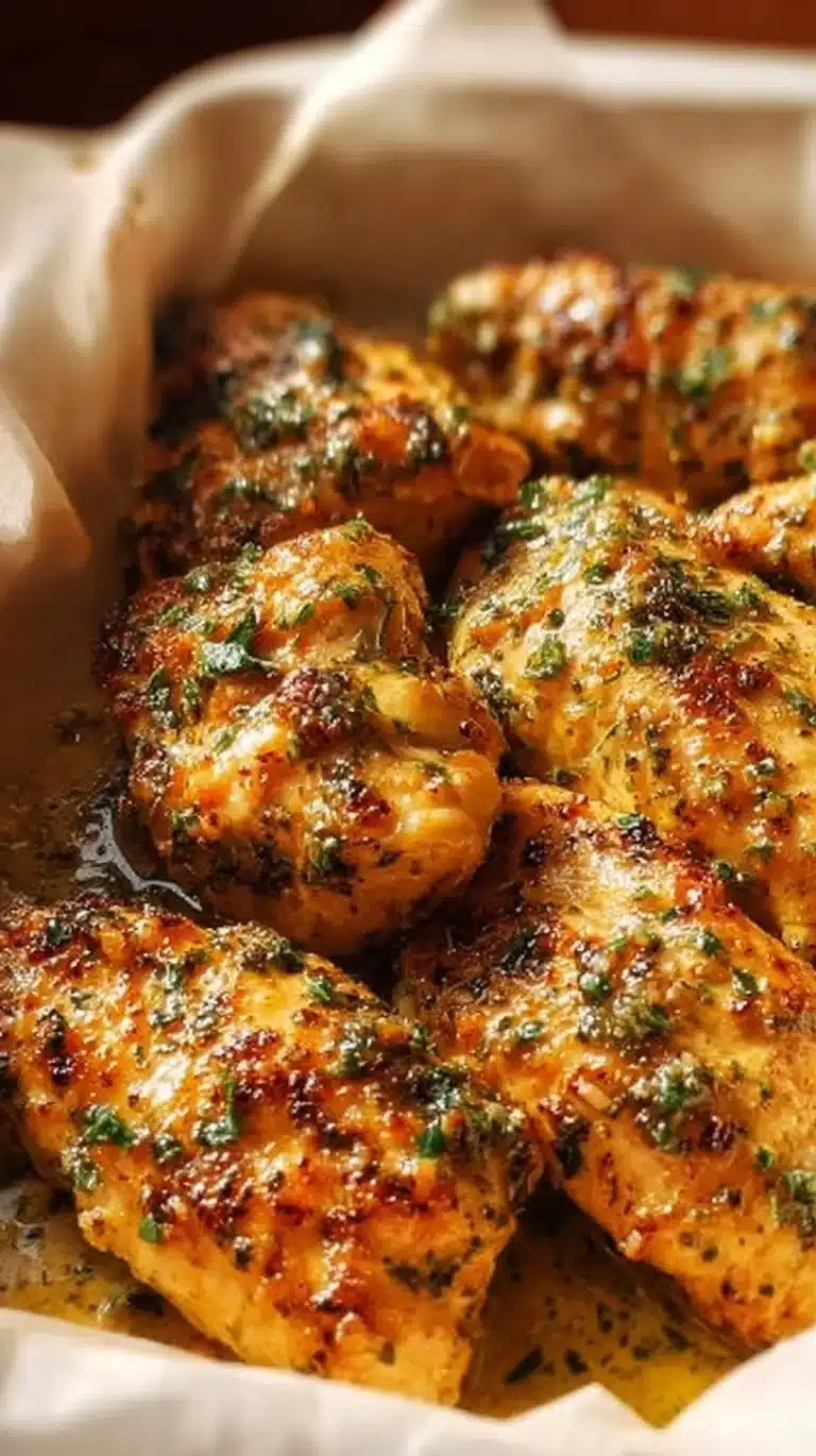 Garlic butter baked chicken breast on a white plate with herbs