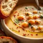 Delicious bowl of Garlic Chickpea Soup garnished with herbs