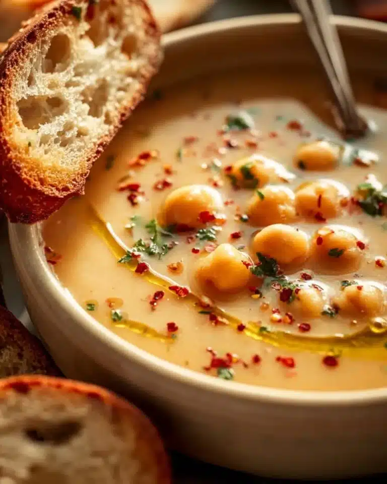 Delicious bowl of Garlic Chickpea Soup garnished with herbs