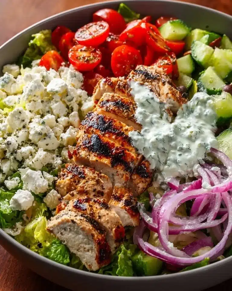 Delicious Greek Chicken Bowl with fresh vegetables and zesty dressing
