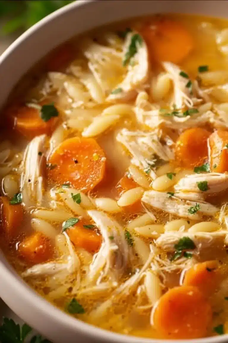 Bowl of Greek lemon chicken soup garnished with herbs and lemon slices
