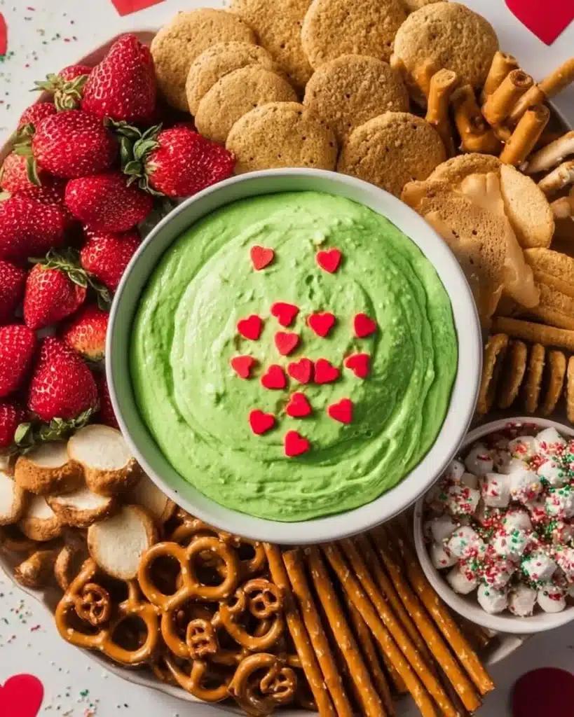 Creamy and festive Grinch Dip served in a holiday-themed bowl.