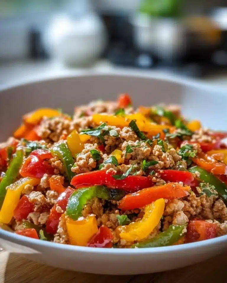 Ground turkey and peppers dish served in a bowl with herbs and spices.