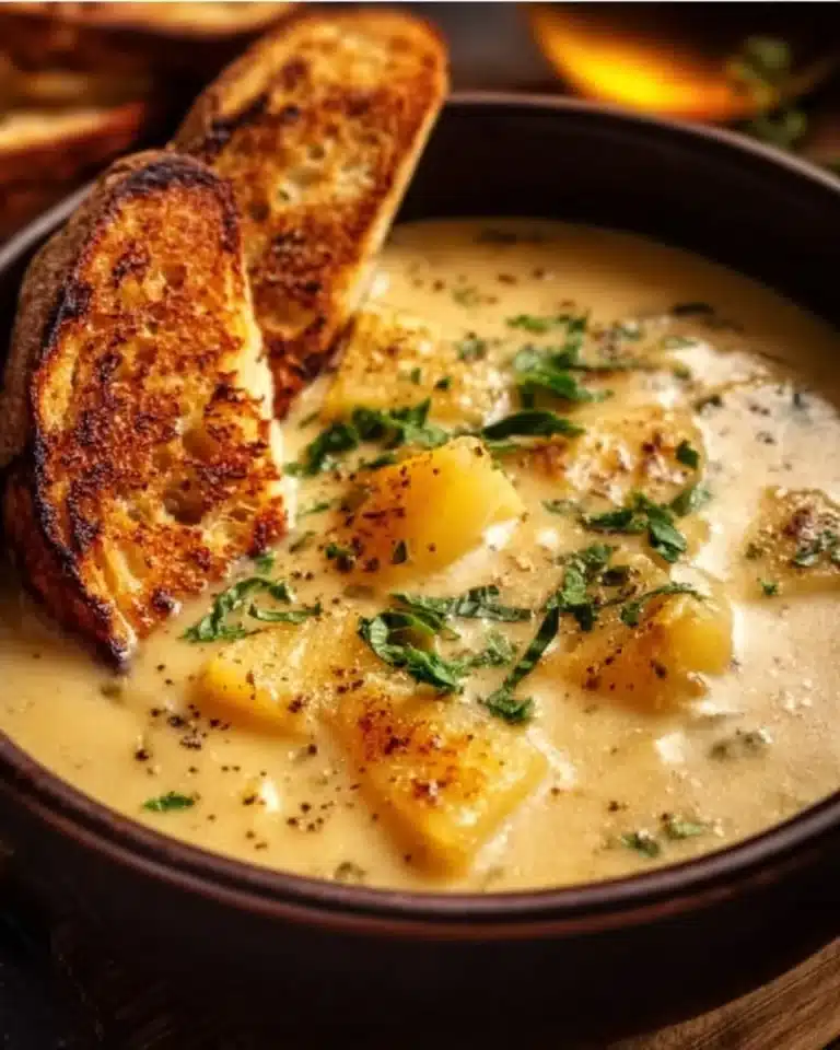 Delicious bowl of cheddar garlic herb potato soup topped with herbs