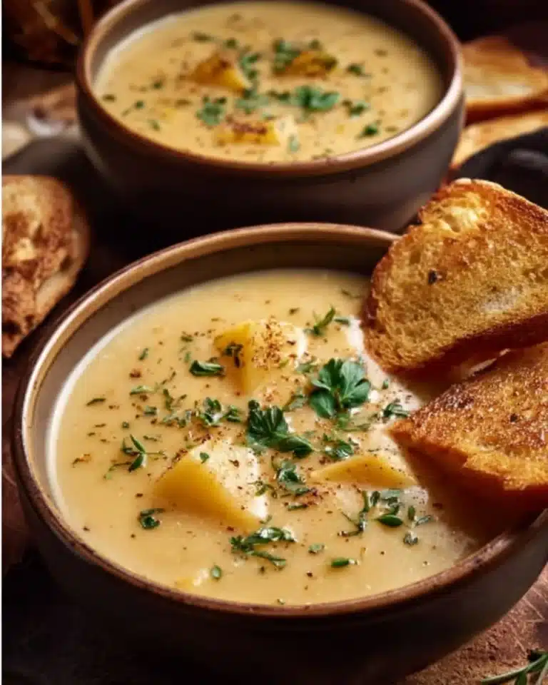 Hearty cheddar garlic herb potato soup in a bowl, garnished with herbs.