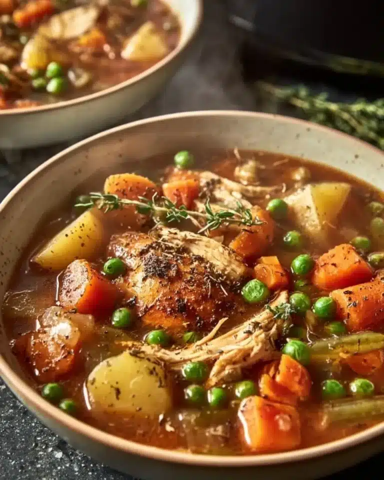 Hearty Chicken and Vegetable Stew 2 A bowl of hearty chicken and vegetable stew garnished with herbs