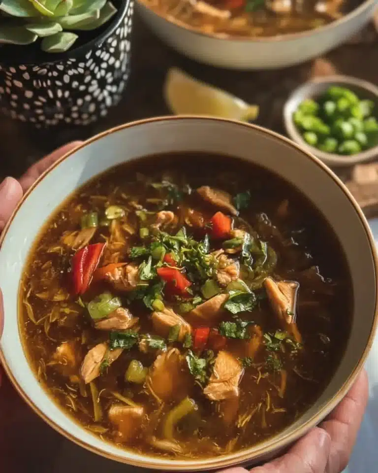Bowl of Hot and Sour Soup garnished with fresh herbs and spices.