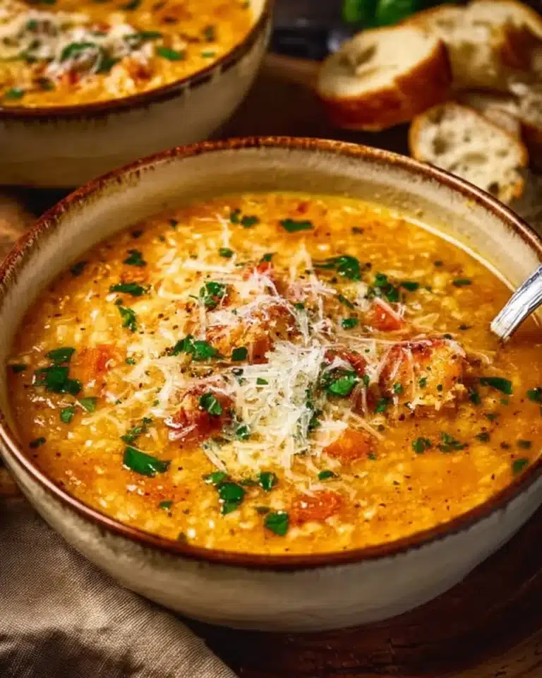 A bowl of Italian Penicillin Soup, rich in herbs and spices, perfect for a cozy meal.