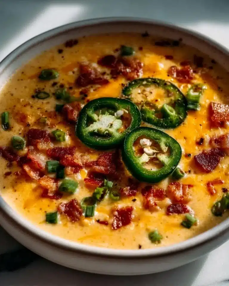 Bowl of creamy Jalapeño Popper Soup topped with cheese and jalapeños