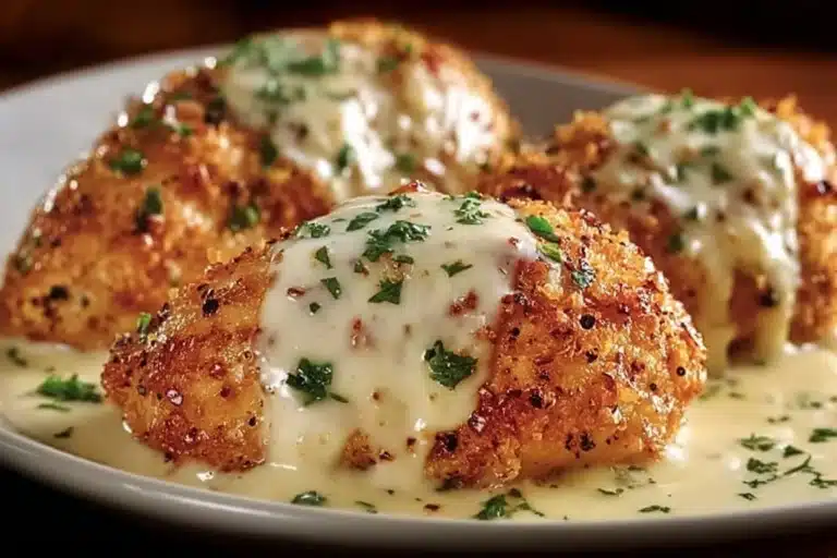 Delicious Longhorn Steakhouse Parmesan Chicken garnished with herbs.