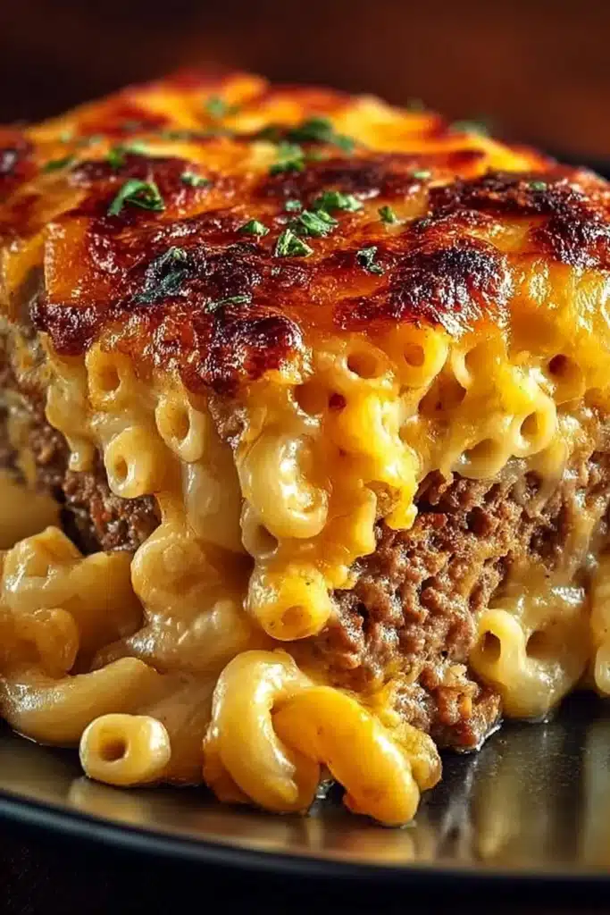 Macaroni and cheese meatloaf casserole topped with melted cheese