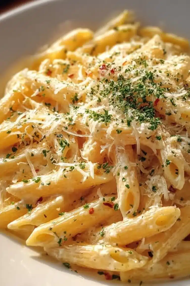 Delicious one pot creamy garlic pasta served in a bowl.