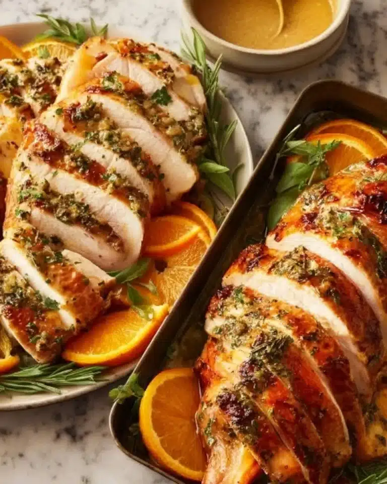 Oven roasted herb butter turkey breast garnished with fresh herbs and spices