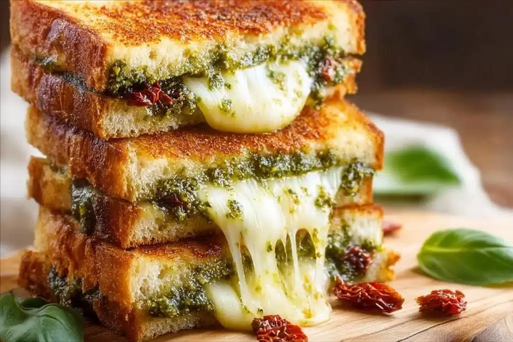Delicious Pesto Grilled Cheese sandwich with melted cheese and pesto spread