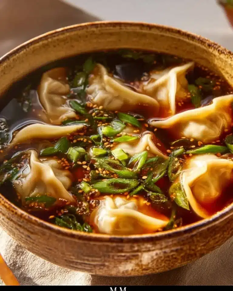 A bowl of flavorful Potsticker Soup garnished with green onions and herbs.