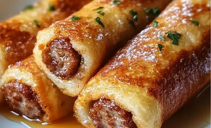 Sausage French Toast Roll-Ups served on a plate, garnished with syrup and berries.