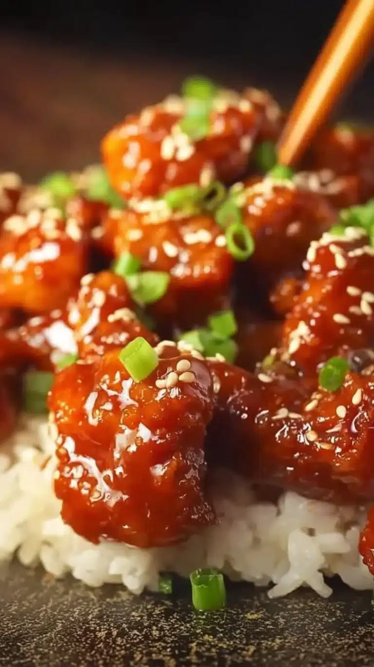 Delicious plate of sesame chicken garnished with sesame seeds and green onions
