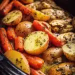 Slow cooker garlic butter chicken with assorted veggies in a bowl