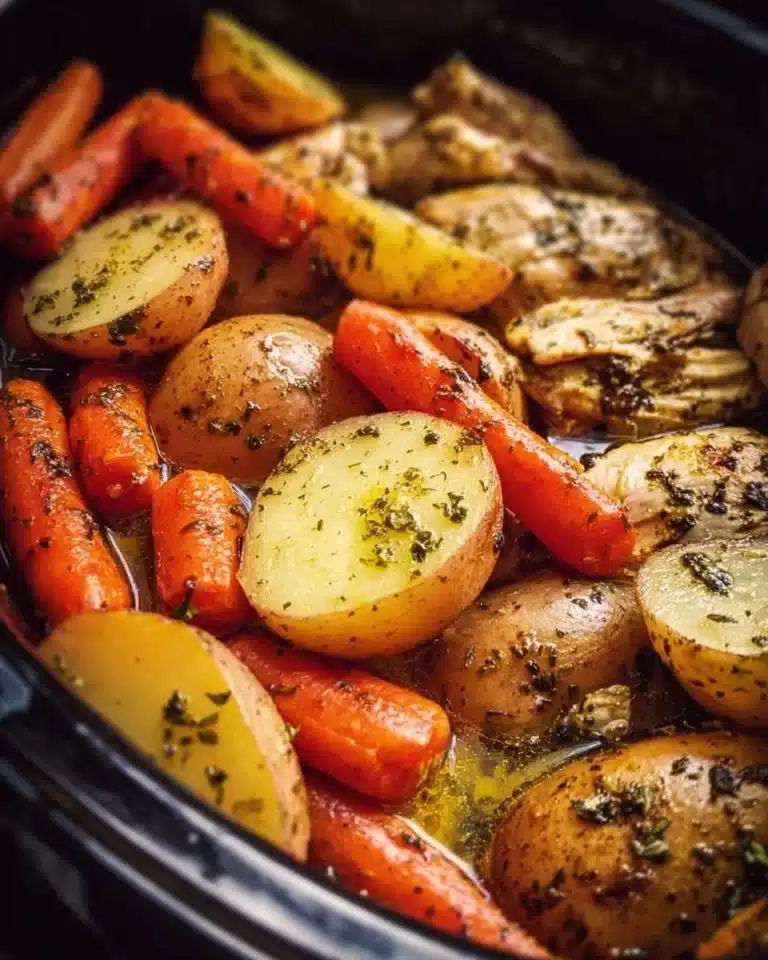 Slow cooker garlic butter chicken with assorted veggies in a bowl
