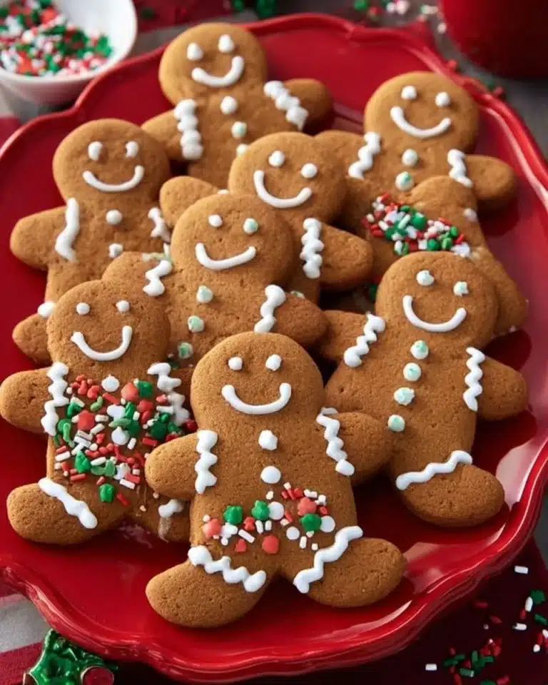 Soft and chewy gingerbread men cookies decorated for Christmas