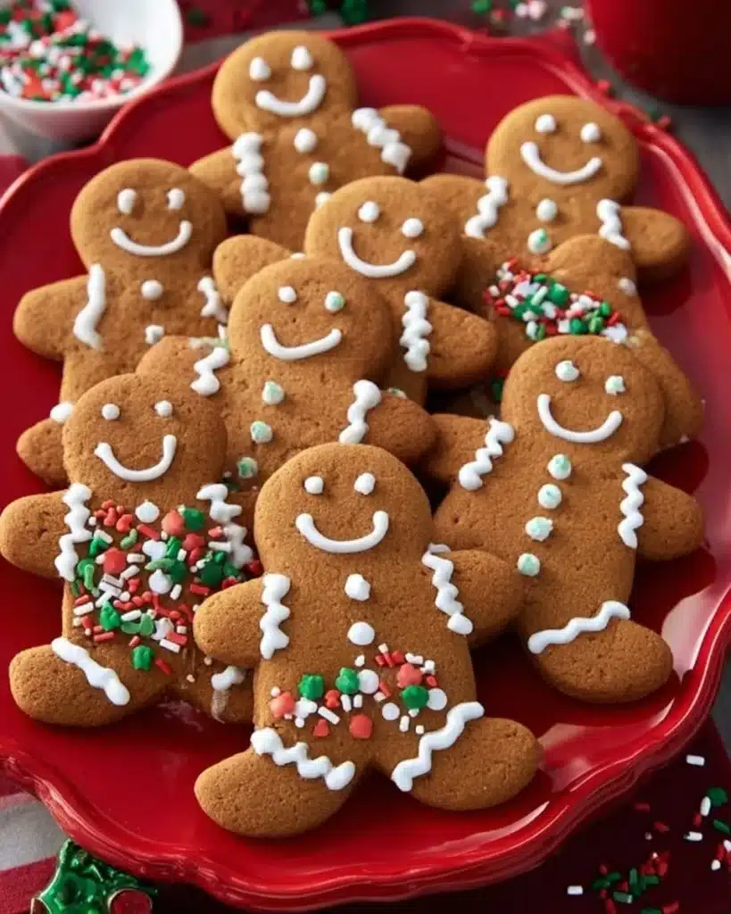 Soft and chewy gingerbread men cookies decorated for Christmas