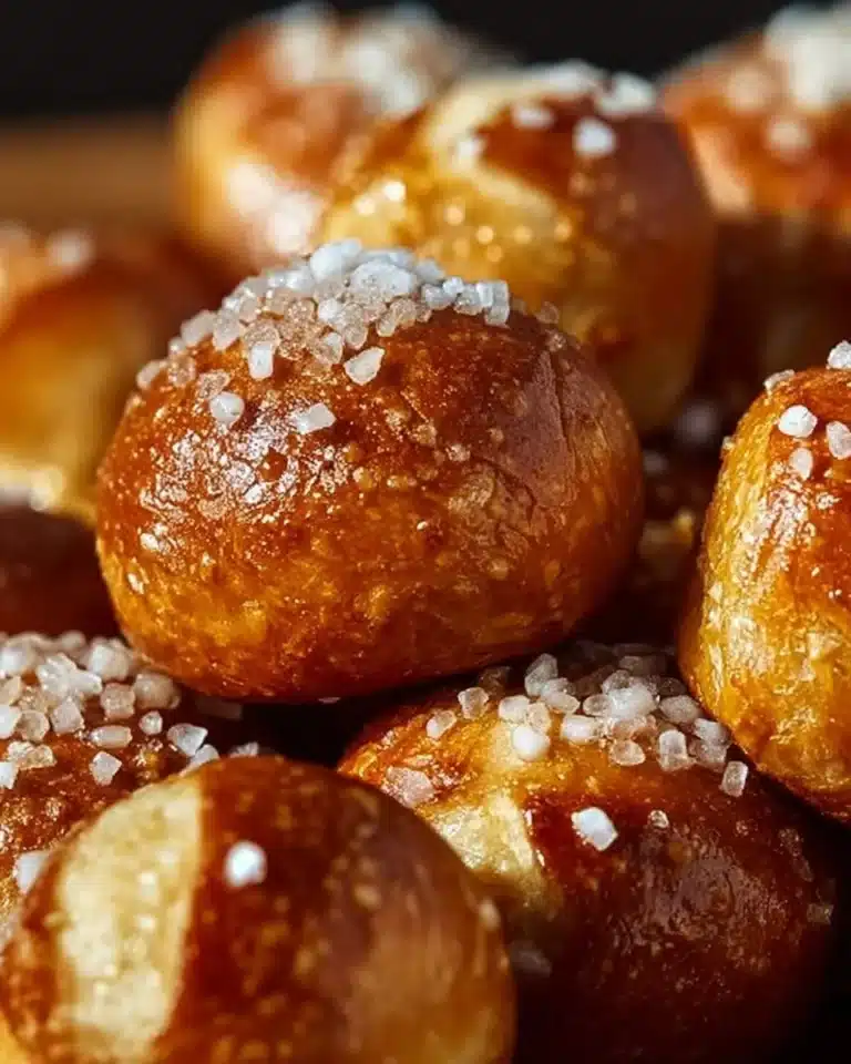 Freshly baked sourdough pretzel bites on a wooden board.