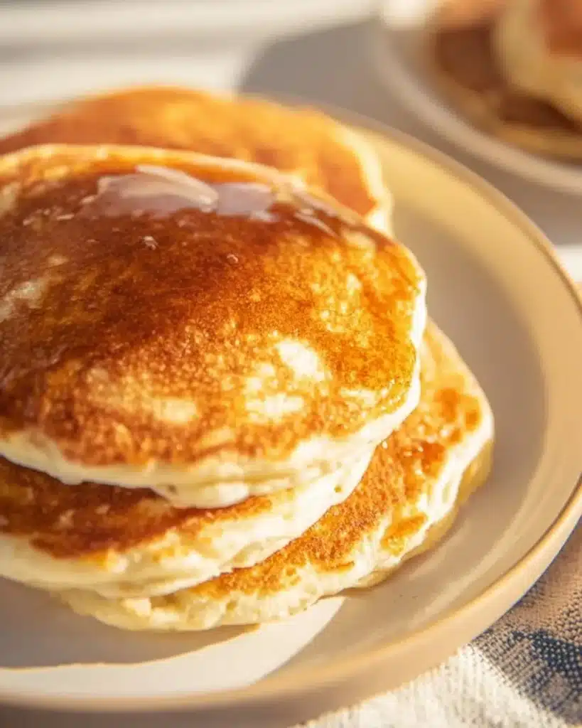 Delicious stack of fluffy sourdough pancakes topped with syrup and berries