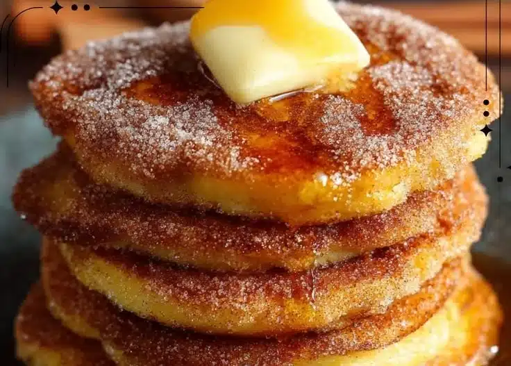 A stack of churro pancakes dusted with cinnamon sugar and drizzled with chocolate sauce.