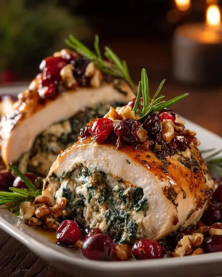 Spinach and cranberry stuffed chicken breasts on a plate ready to serve.