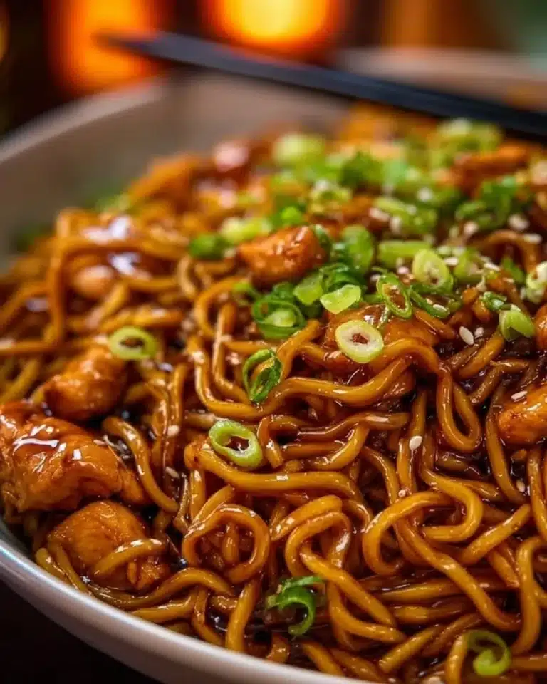 A plate of sticky garlic chicken noodles garnished with fresh herbs