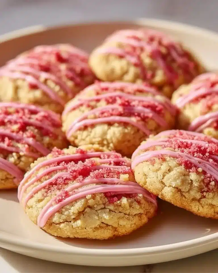 Strawberry Crunch Cookies 2 Freshly baked Strawberry Crunch Cookies with a crunchy topping.