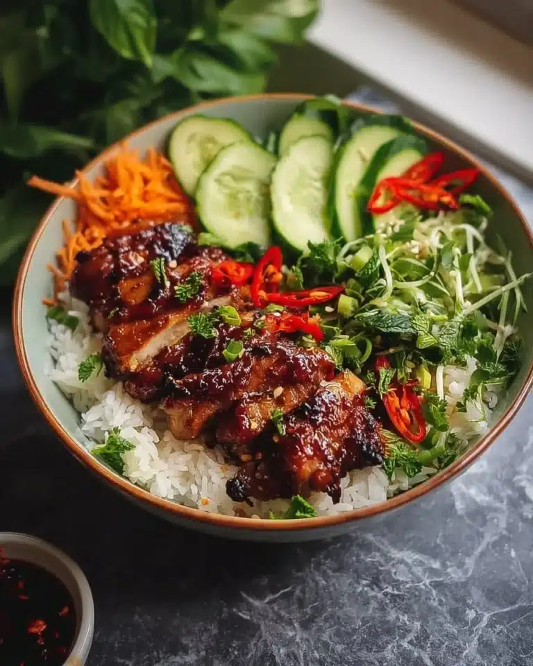 Sweet Chili Chicken Rice Bowl garnished with fresh vegetables and herbs