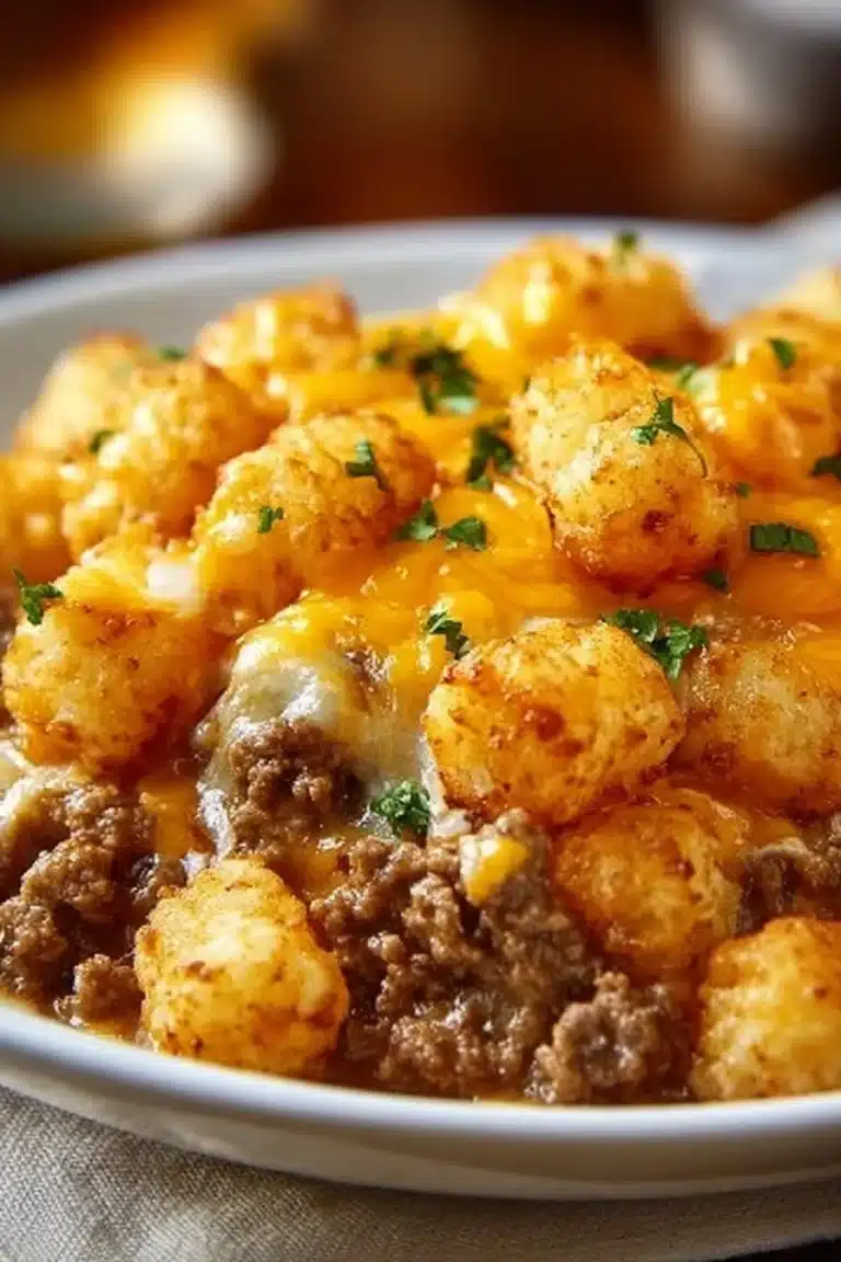 Tater Tot Casserole 2 Delicious Tater Tot Casserole prepared with cheesy goodness and savory ingredients