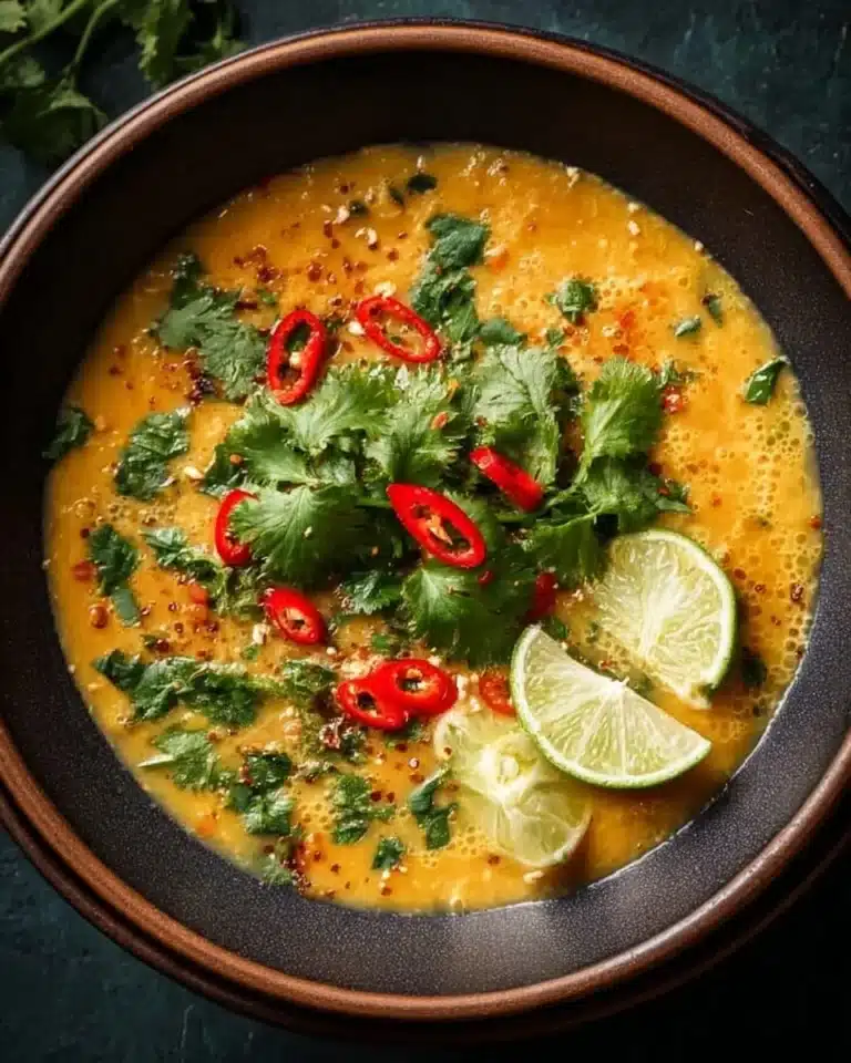 Bowl of Thai Coconut Red Lentil Soup garnished with cilantro and lime.