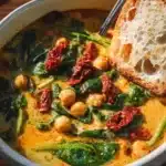 Bowl of Tuscan garbanzo bean soup with vegetables and herbs
