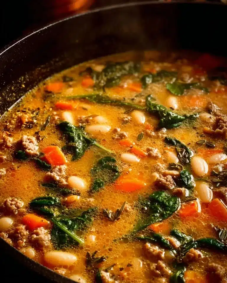 A bowl of hearty Tuscan white bean soup garnished with herbs.