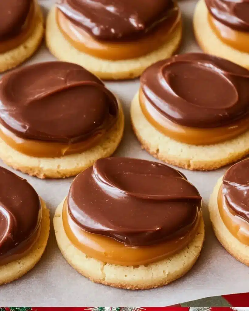 Plate of homemade Twix Cookies featuring chocolate and caramel layers.