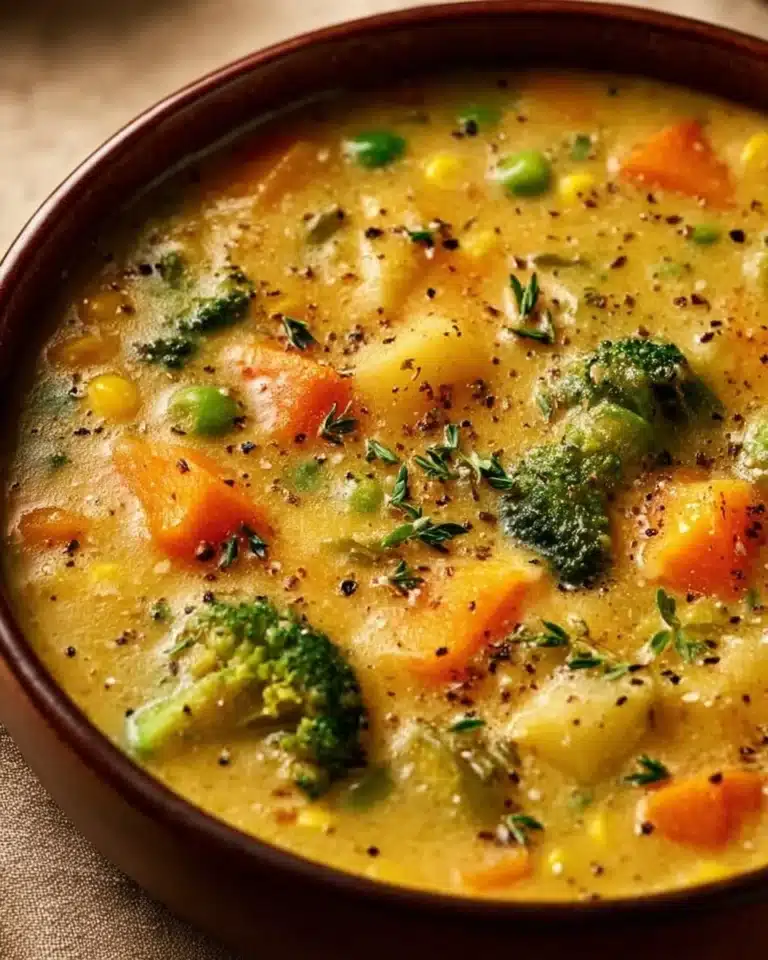 A warm bowl of Veggie Pot Pie Soup garnished with herbs and vegetables.