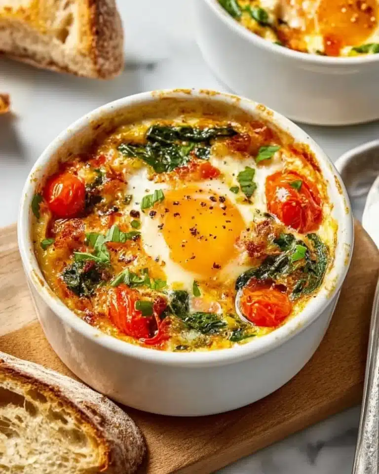 Baked feta eggs with tomatoes and spinach served in a dish