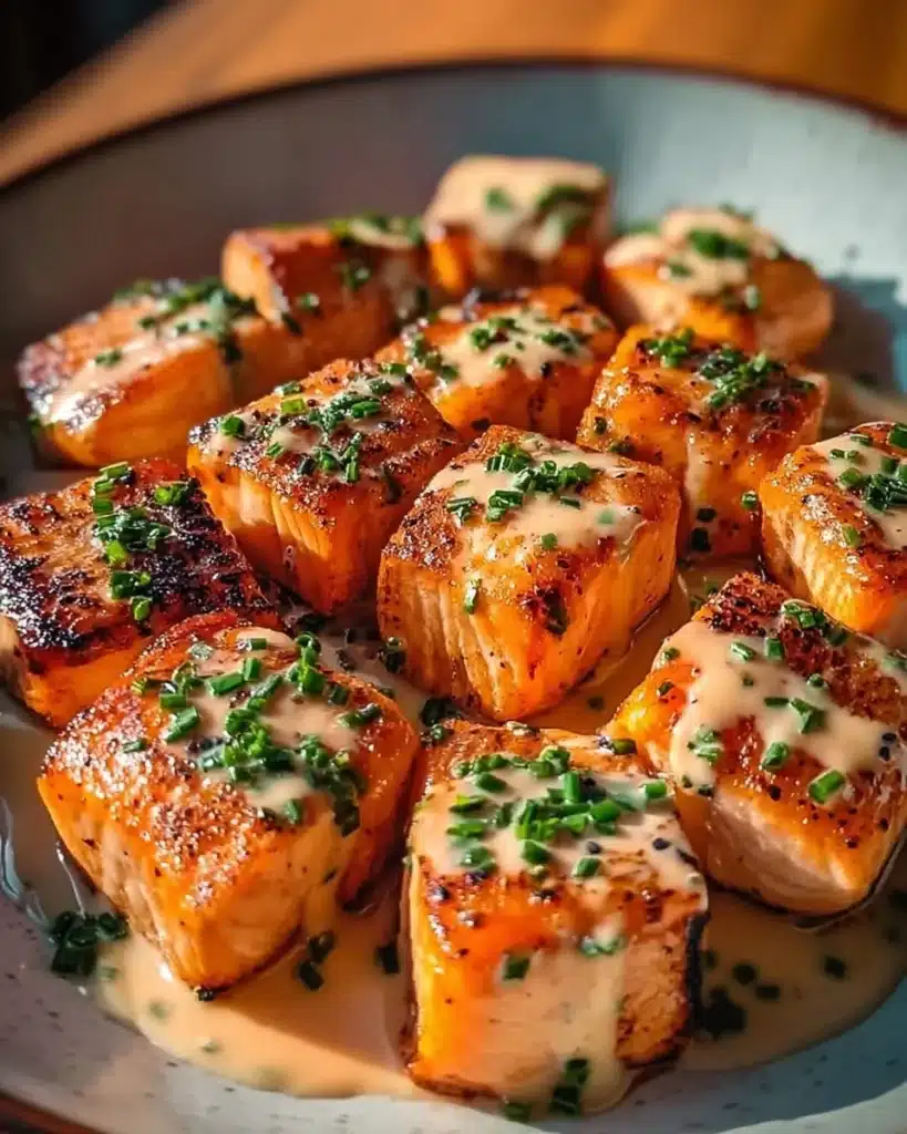 Delicious Bang Bang Salmon Bites served on a plate with dipping sauce.