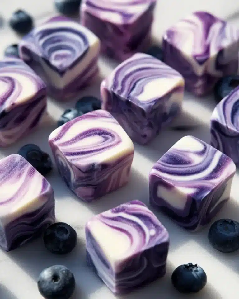 Blueberry swirl yogurt bites in a bowl, showcasing a delicious, creamy snack.