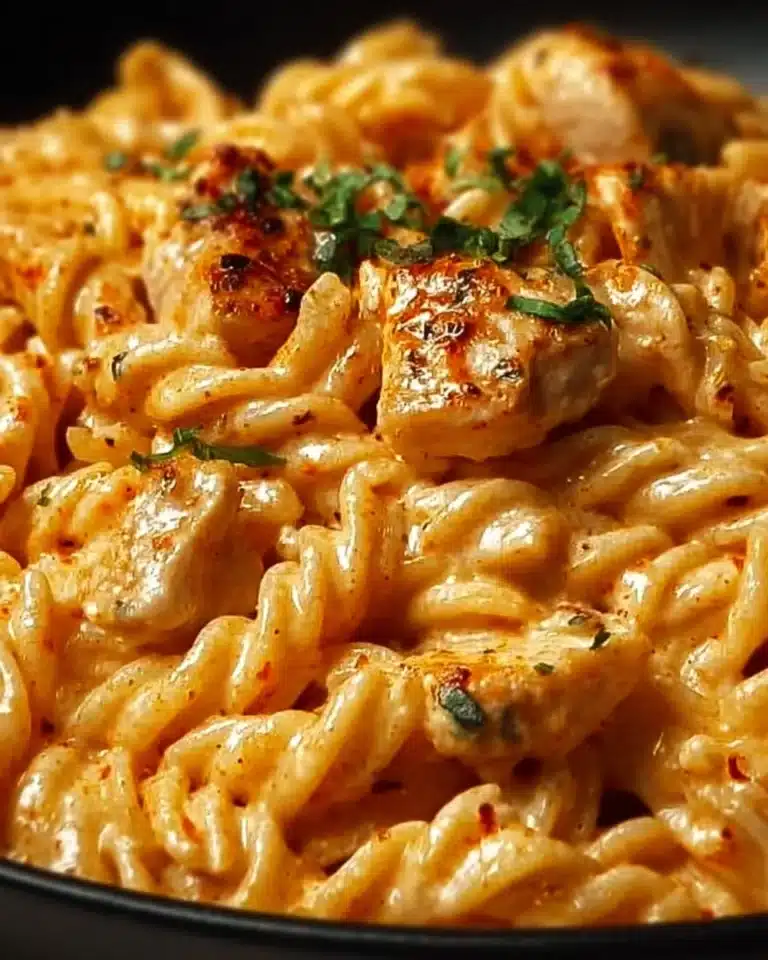 Cajun Cream Cheese Chicken Pasta Bake topped with herbs in a baking dish