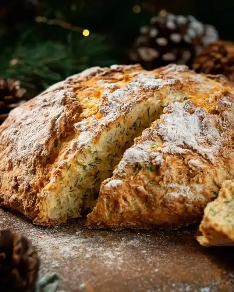 Cheddar and Herb Soda Bread 2 Freshly baked Cheddar and Herb Soda Bread on a wooden cutting board.