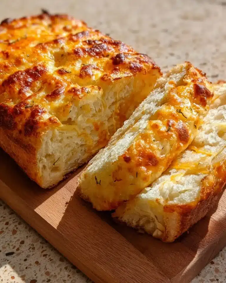 Freshly baked cheese bread with melty cheese and a golden crust