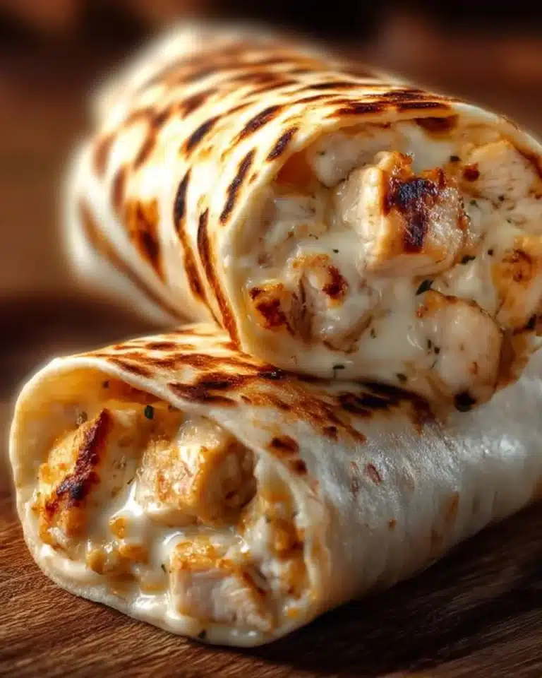 Cheesy Chicken Garlic Wraps 2 Cheesy chicken garlic wraps rolled in a tortilla with fresh ingredients.