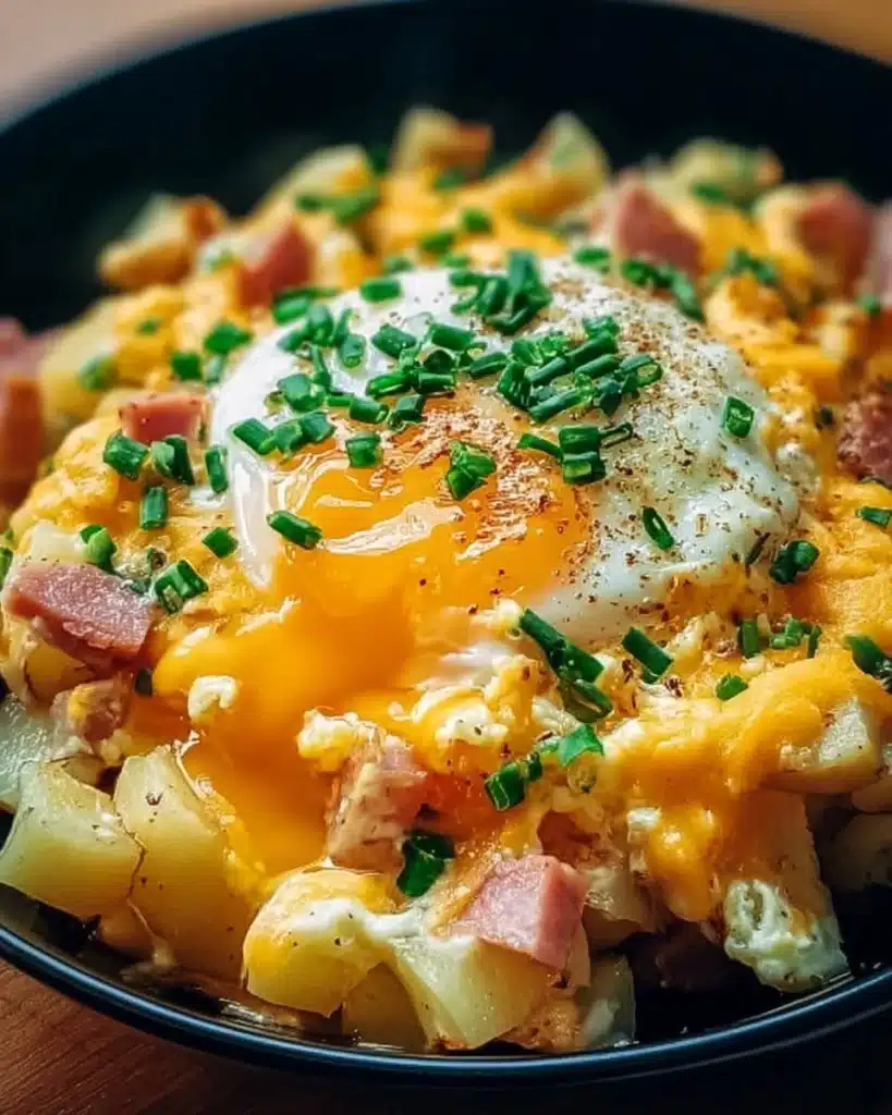 Cheesy Potato Egg Scramble featuring fluffy eggs and savory potatoes