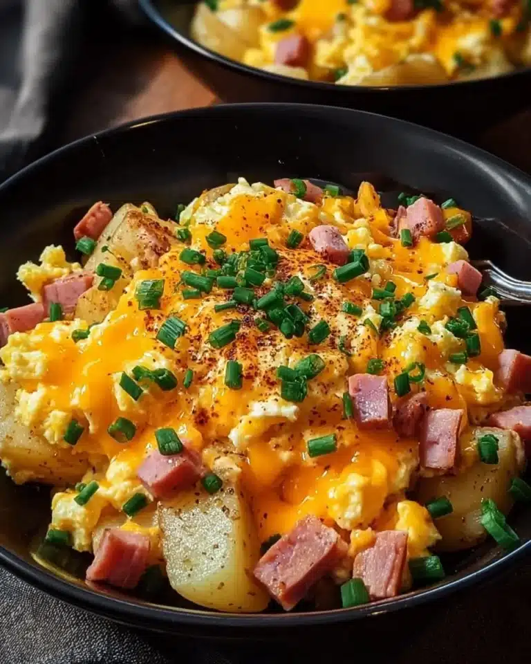Delicious cheesy potato egg scramble in a skillet, perfect for breakfast.
