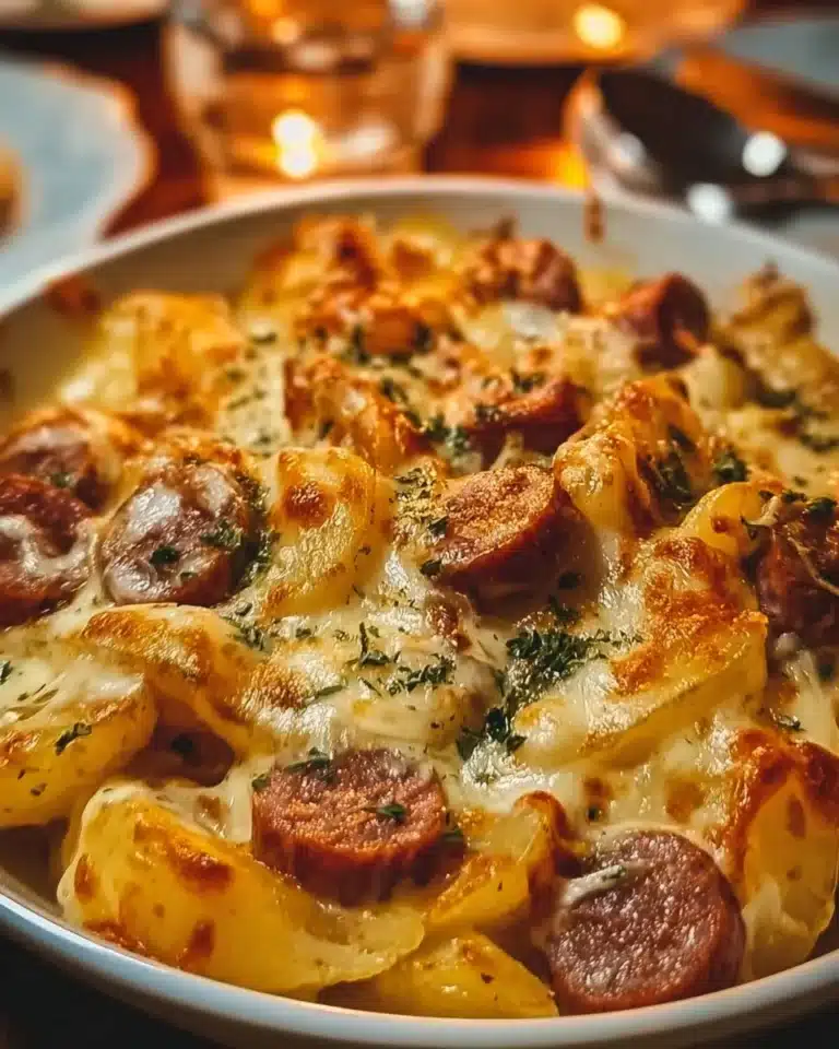 Delicious cheesy ranch potatoes topped with smoked sausage, a perfect comfort dish.