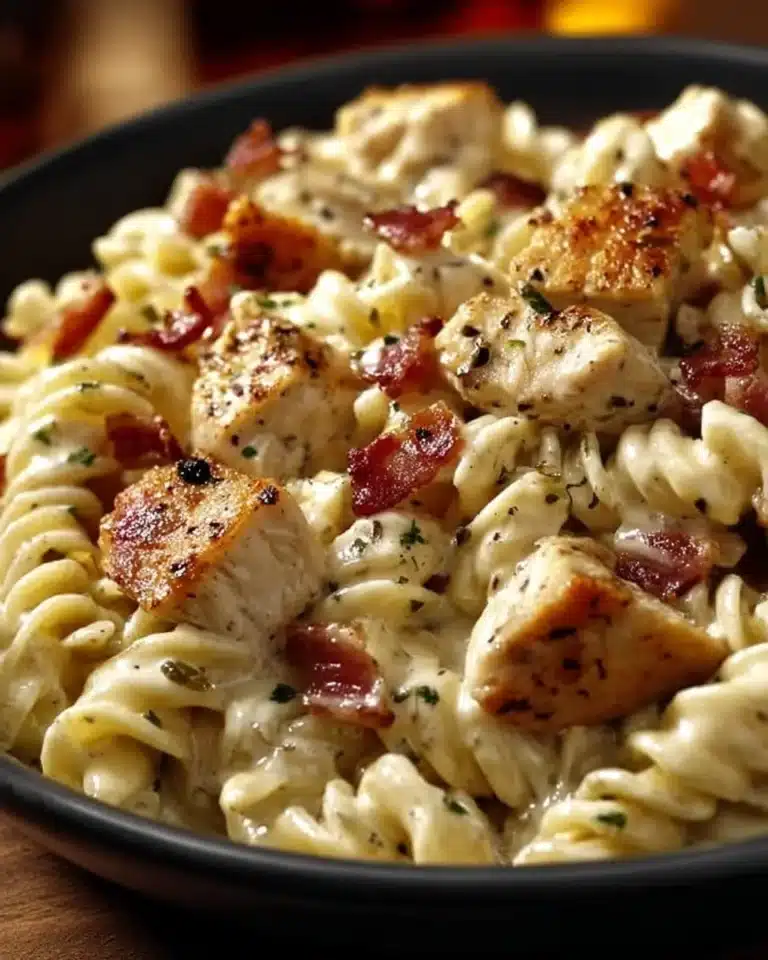 Delicious Chicken Bacon Ranch Pasta served in a creamy sauce with crispy bacon